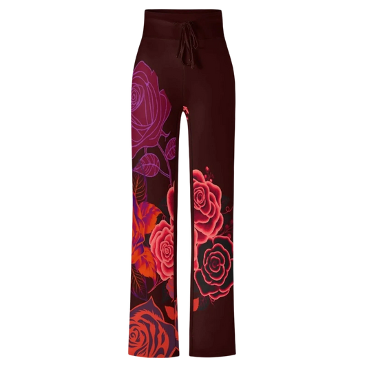 Sonoma Rebel women's straight-leg pants in dark red with a bold all-over red and purple rose print and drawstring waist.