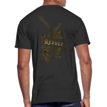 Sonoma Rebel Men’s 50/50 T-Shirt in charcoal gray with a gold graphic of crossed revolvers and the word "REVOLT" on a banner.