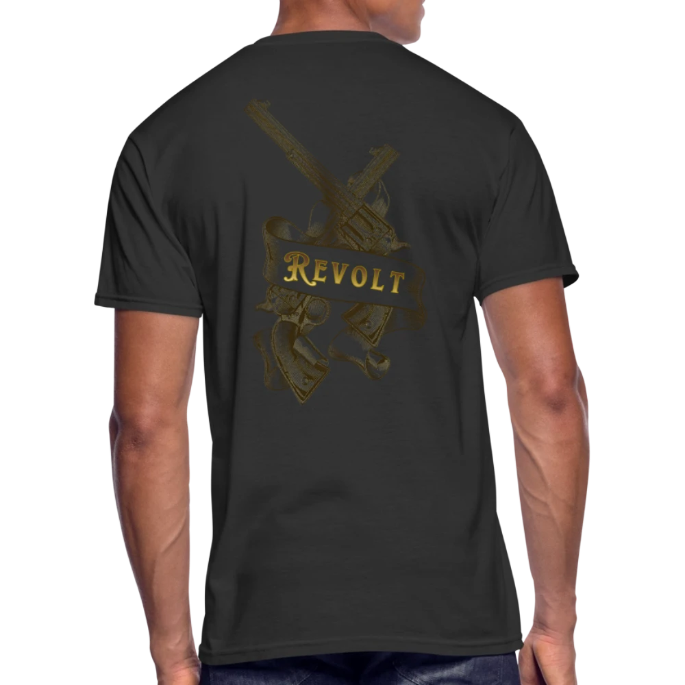 Sonoma Rebel Men’s 50/50 T-Shirt in charcoal gray with a gold graphic of crossed revolvers and the word "REVOLT" on a banner.