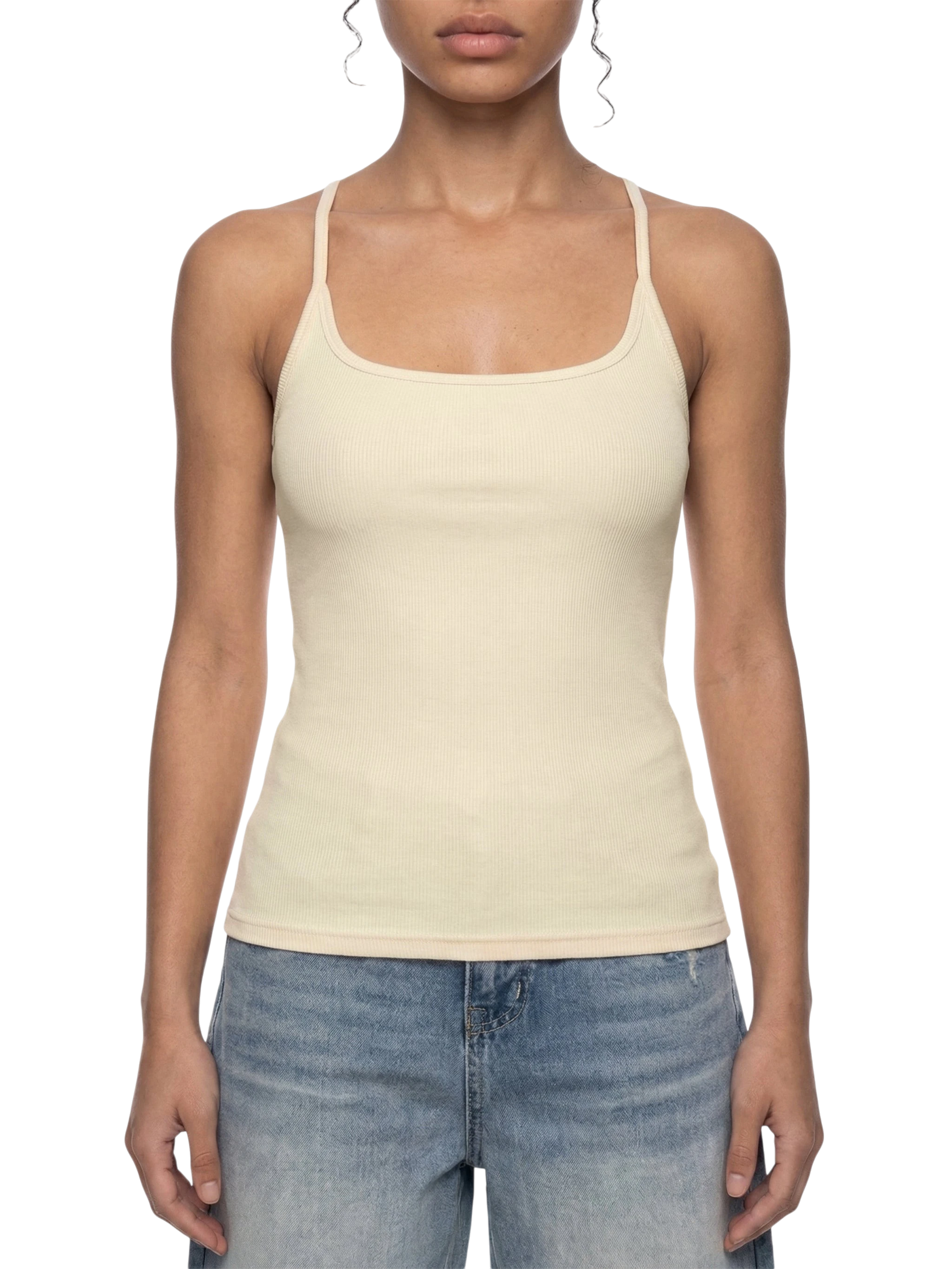 Sonoma Rebel cream ribbed cotton-spandex racerback tank top with U-neck, slim fit, and spaghetti straps.