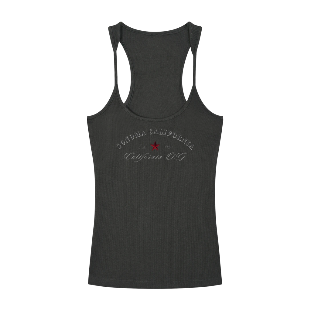 Sonoma Rebel dark grey ribbed cotton-spandex racerback tank top with embroidered California O.G. graphic.