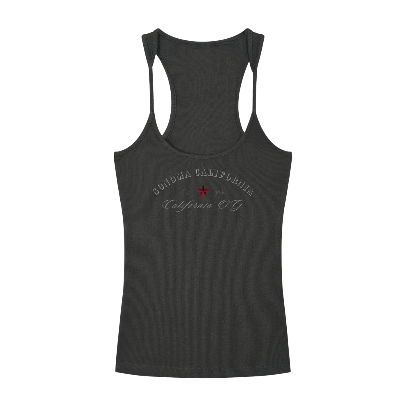 Sonoma Rebel dark grey ribbed cotton-spandex racerback tank top with embroidered California O.G. graphic.
