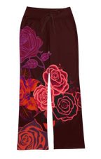 Sonoma Rebel women's straight-leg pants in burgundy with a bold red and pink rose print, featuring a drawstring waist.