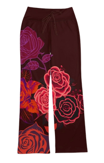 Sonoma Rebel women's straight-leg pants in burgundy with a bold red and pink rose print, featuring a drawstring waist.