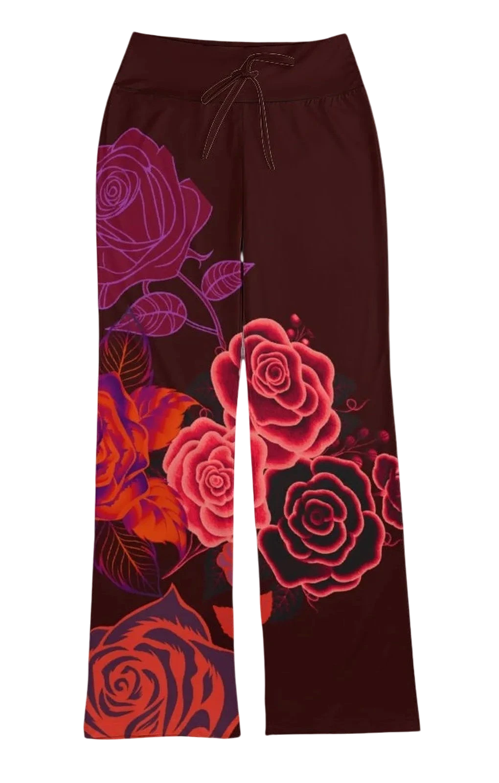 Sonoma Rebel women's straight-leg pants in burgundy with a bold red and pink rose print, featuring a drawstring waist.