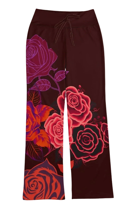 Sonoma Rebel women's straight-leg pants in burgundy with a bold red and pink rose print, featuring a drawstring waist.