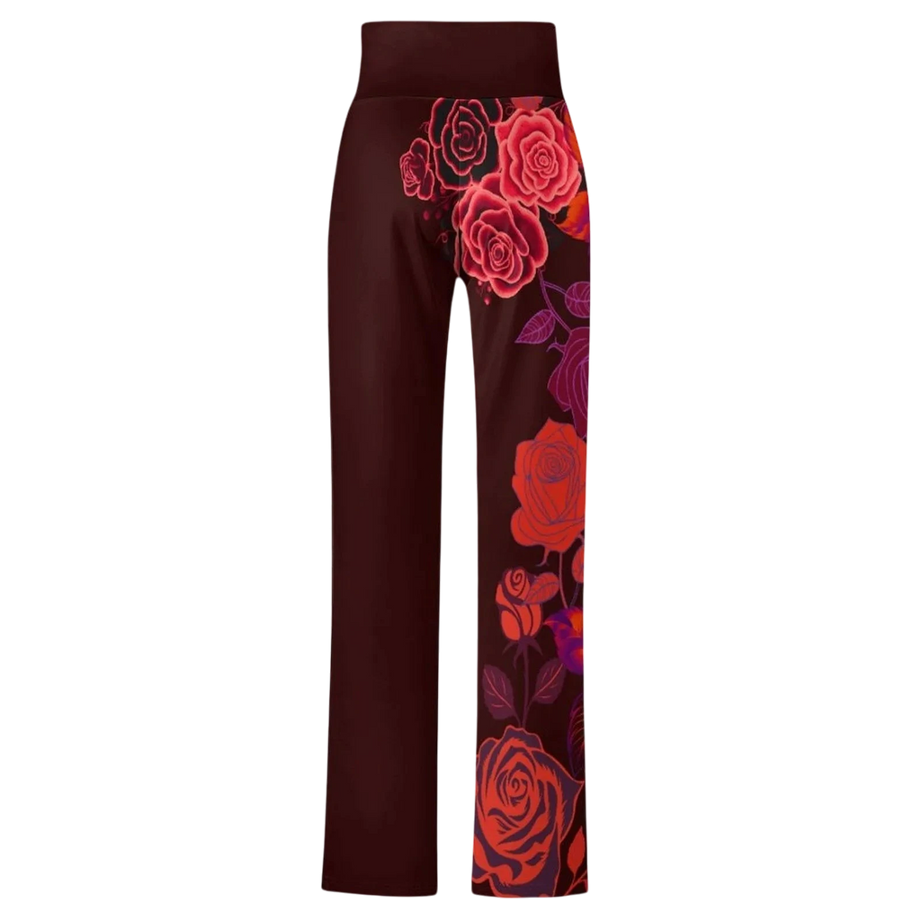Sonoma Rebel women's maroon straight-leg pants with a bold red and pink rose print down the side. Features a drawstring waist and polyester-spandex blend.