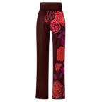 Sonoma Rebel women's maroon straight-leg pants with a bold red and pink rose print down the side. Features a drawstring waist and polyester-spandex blend.