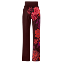 Sonoma Rebel women's maroon straight-leg pants with a bold red and pink rose print down the side. Features a drawstring waist and polyester-spandex blend.