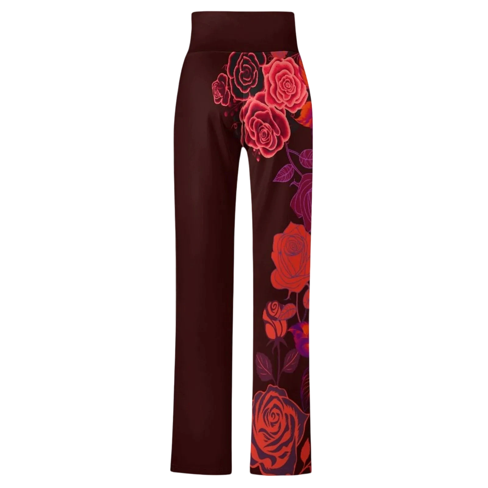 Sonoma Rebel women's maroon straight-leg pants with a bold red and pink rose print down the side. Features a drawstring waist and polyester-spandex blend.