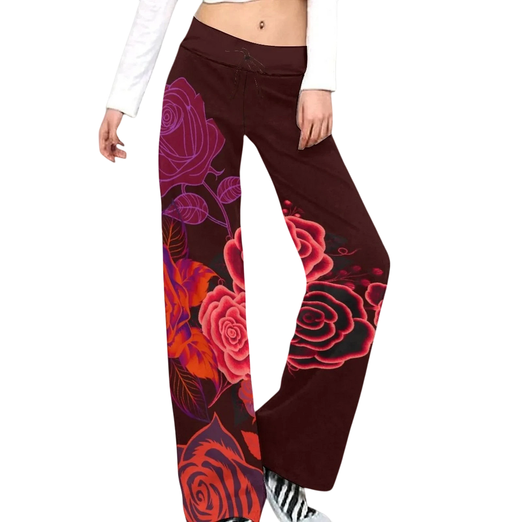 Sonoma Rebel women's straight-leg pants in dark red with a bold all-over red and purple rose print, featuring a drawstring waist and polyester-spandex blend.