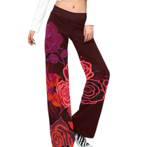 Sonoma Rebel women's straight-leg pants in dark red with a bold all-over red and purple rose print, featuring a drawstring waist and polyester-spandex blend.