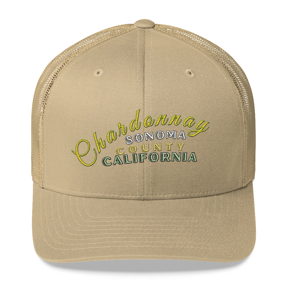 Sonoma Rebel tan trucker cap with embroidered "Chardonnay Sonoma County California" text in yellow and green.
