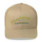 Sonoma Rebel tan trucker cap with embroidered "Chardonnay Sonoma County California" text in yellow and green.
