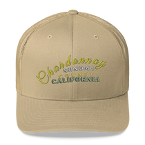 Sonoma Rebel tan trucker cap with embroidered "Chardonnay Sonoma County California" text in yellow and green.