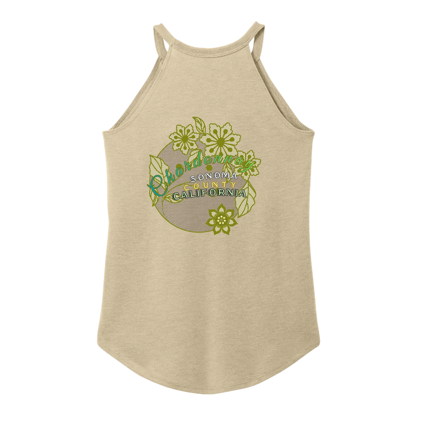 Sonoma Rebel tan tri-blend tank top with a high neckline and curved hem, featuring a floral graphic with "Chardonnay Sonoma County California" text.