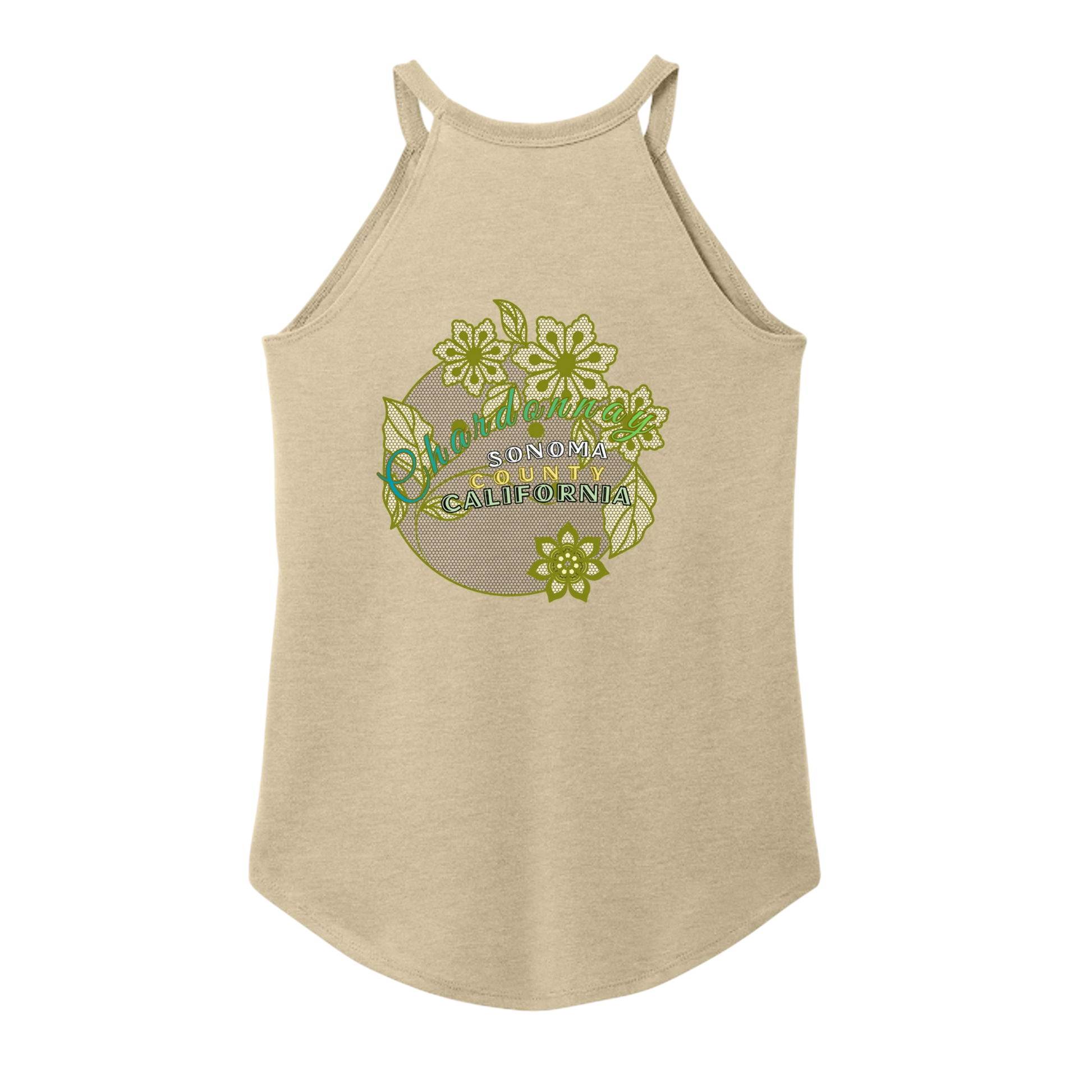 Sonoma Rebel tan tri-blend tank top with a high neckline and curved hem, featuring a floral graphic with "Chardonnay Sonoma County California" text.