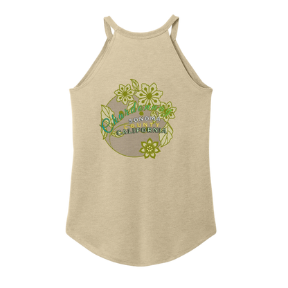 Sonoma Rebel tan tri-blend tank top with a high neckline and curved hem, featuring a floral graphic with "Chardonnay Sonoma County California" text.