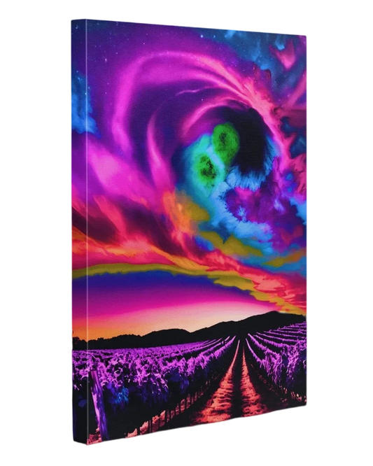 Sonoma Rebel Tie Dye Sky canvas print 20x30, vibrant purple, pink, blue, and green abstract sky over a silhouetted vineyard at sunset.