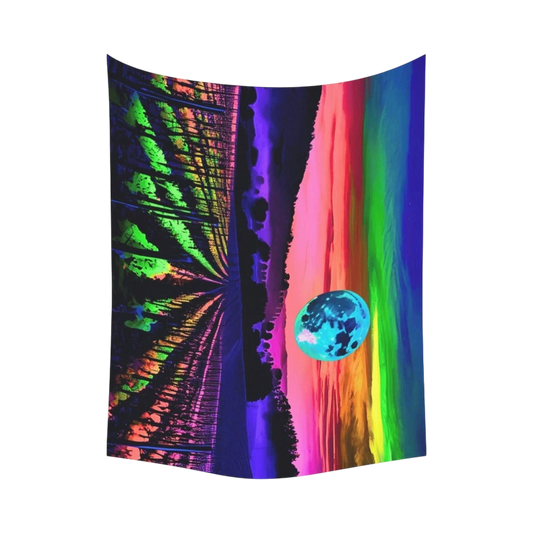 Sonoma Rebel tie-dye sky tapestry with a vibrant gradient of pink, orange, green, and blue, featuring a glowing blue moon. Made of soft polyester.