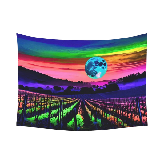 Sonoma Rebel tie-dye sky tapestry with a vibrant rainbow gradient sky, a glowing blue moon, and a vineyard landscape.