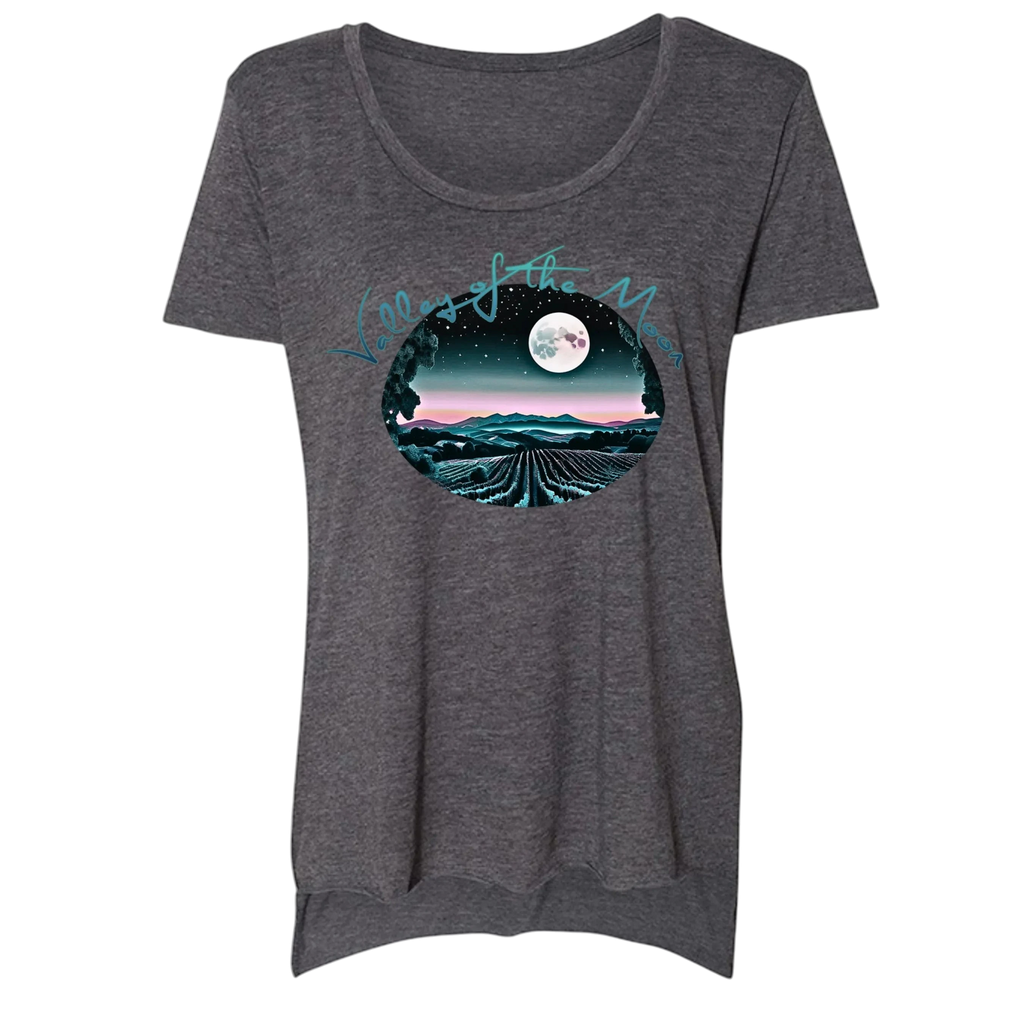 Sonoma Rebel Tie Die Sky Womens T-Shirt with a scoop neck and a graphic of a moonlit vineyard.