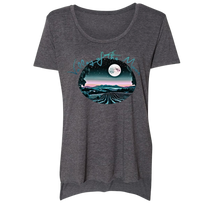 Sonoma Rebel Tie Die Sky Womens T-Shirt with a scoop neck and a graphic of a moonlit vineyard.