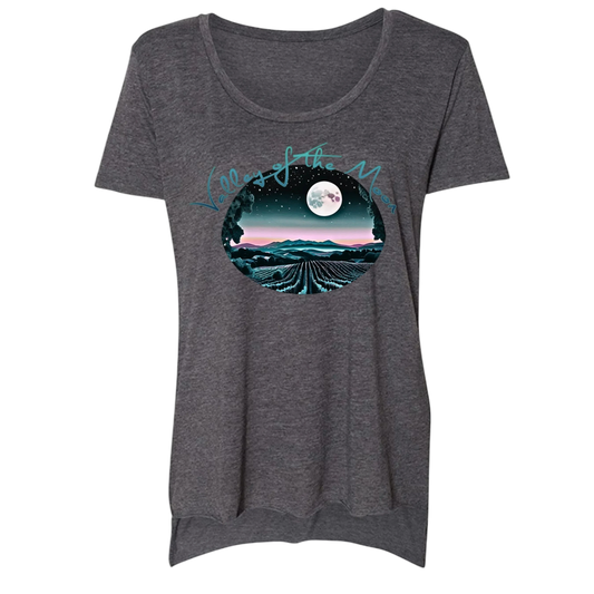 Sonoma Rebel Tie Die Sky Womens T-Shirt with a scoop neck and a graphic of a moonlit vineyard.