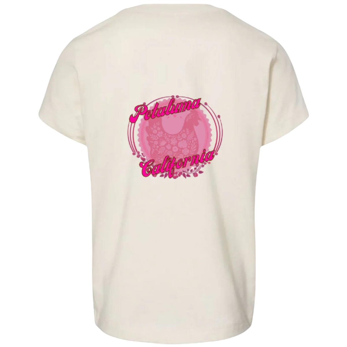 Sonoma Rebel cream cotton toddler girl t-shirt with a pink floral chicken graphic and "Petaluma California" text.