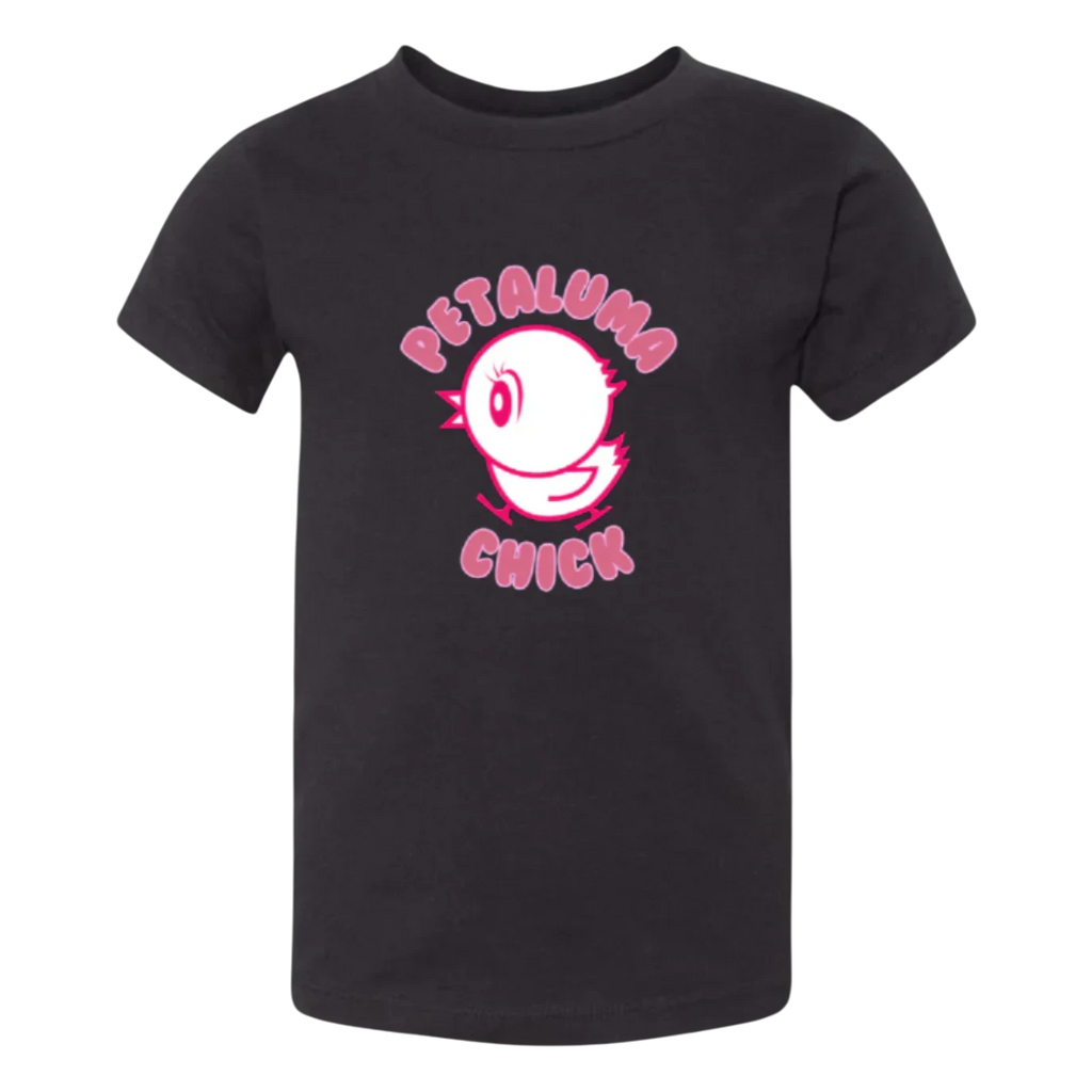 Sonoma Rebel toddler girl's dark grey t-shirt with a pink graphic of a chick and the words "PETALUMA CHICK" in pink lettering.