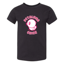 Sonoma Rebel toddler girl's dark grey t-shirt with a pink graphic of a chick and the words "PETALUMA CHICK" in pink lettering.