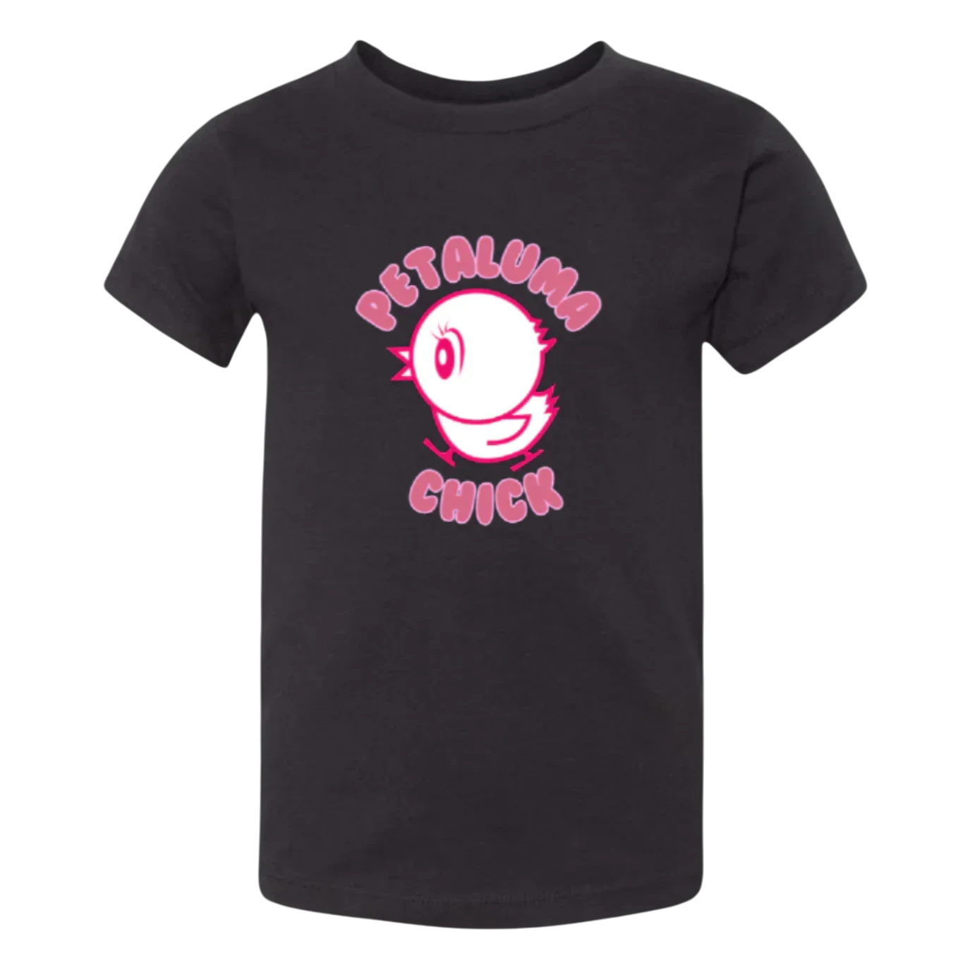 Sonoma Rebel toddler girl's dark grey t-shirt with a pink graphic of a chick and the words "PETALUMA CHICK" in pink lettering.