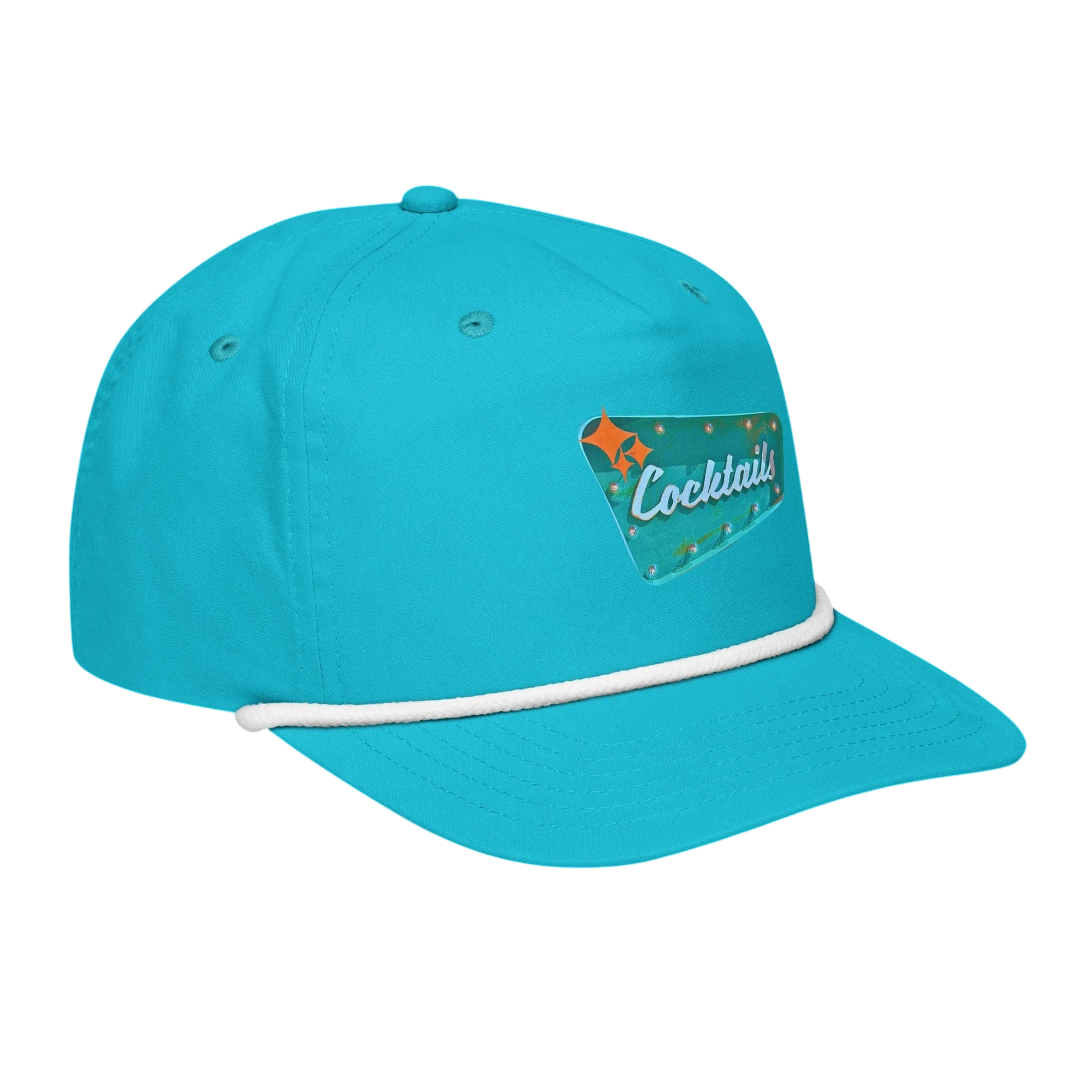 Sonoma Rebel turquoise cotton-nylon blend golf cap with a white rope detail and a vintage cocktail sign graphic.