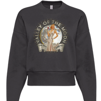 Sonoma Rebel charcoal grey oversized sweatshirt with a vintage graphic of a woman in a white dress holding a wine glass, set against a moon and the text "Valley of the Moon".