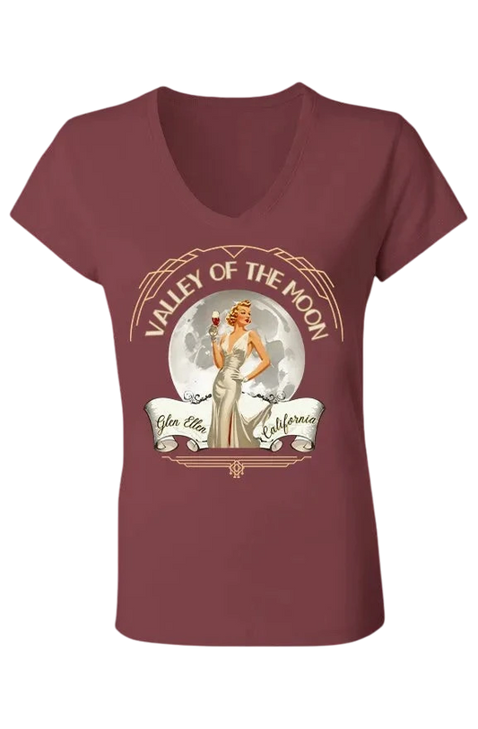 Sonoma Rebel women's maroon V-neck t-shirt with a Valley of the Moon graphic featuring a pinup woman and moon.