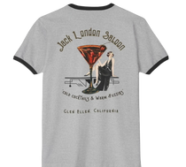 Sonoma Rebel men's grey ringer t-shirt with black trim, featuring a vintage Jack London Saloon Cold Cocktails graphic.