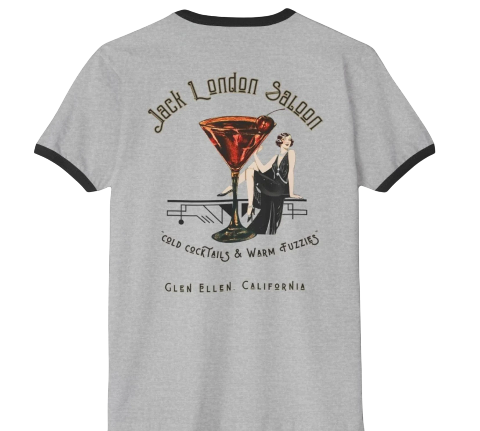 Sonoma Rebel men's grey ringer t-shirt with black trim, featuring a vintage Jack London Saloon Cold Cocktails graphic.