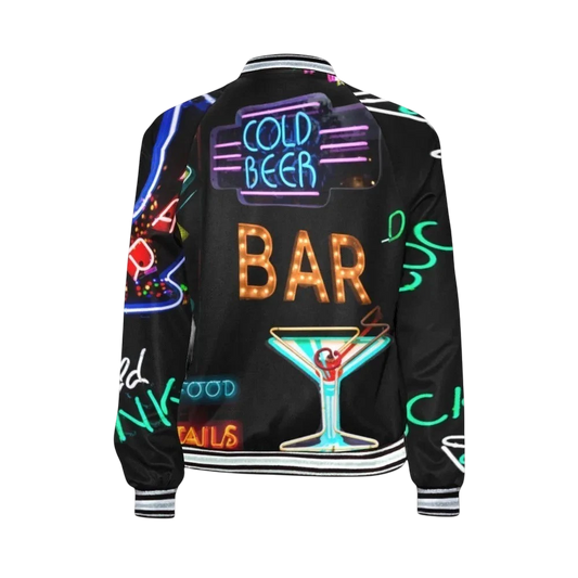 Sonoma Rebel women's black bomber jacket with vintage neon bar and cocktail print, featuring ribbed collar, cuffs, and hem.
