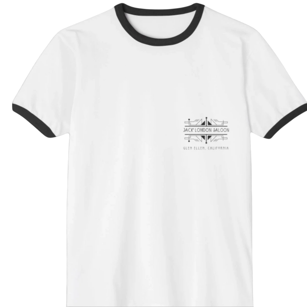 Sonoma Rebel white ringer t-shirt with black collar and sleeves, featuring a black graphic print for Jack London Saloon Glen Ellen California.