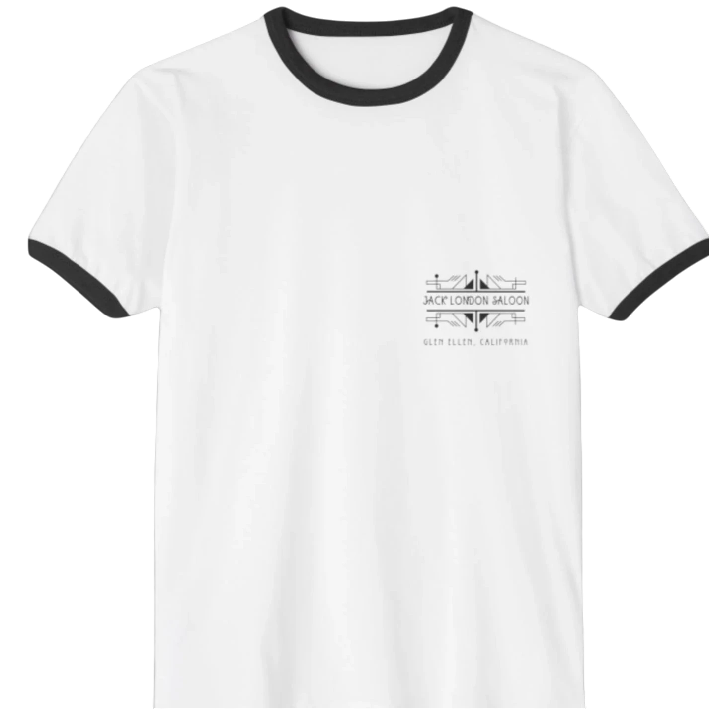 Sonoma Rebel white ringer t-shirt with black collar and sleeves, featuring a black graphic print for Jack London Saloon Glen Ellen California.