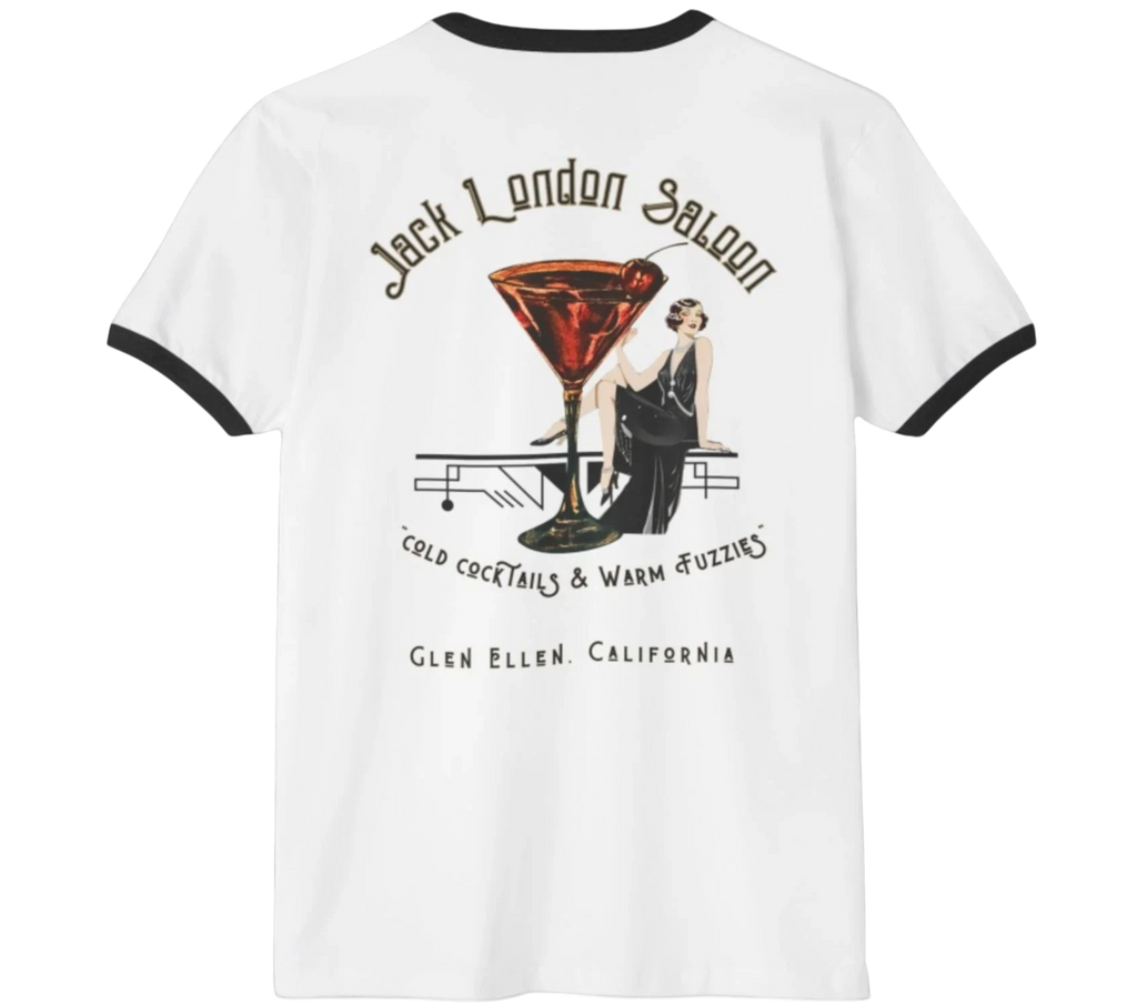 Sonoma Rebel white ringer t-shirt with black trim, featuring a vintage Jack London Saloon graphic with a martini glass and a flapper.