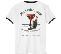 Sonoma Rebel white ringer t-shirt with black trim, featuring a vintage Jack London Saloon graphic with a martini glass and a flapper.