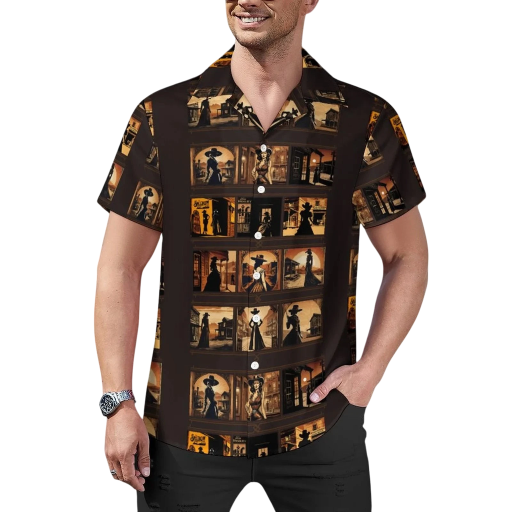 Sonoma Rebel men's short-sleeve Cuban collar shirt in dark brown with a repeating print of vintage Western saloon scenes and women in period attire.