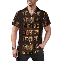 Sonoma Rebel men's short-sleeve Cuban collar shirt in dark brown with a repeating print of vintage Western saloon scenes and women in period attire.
