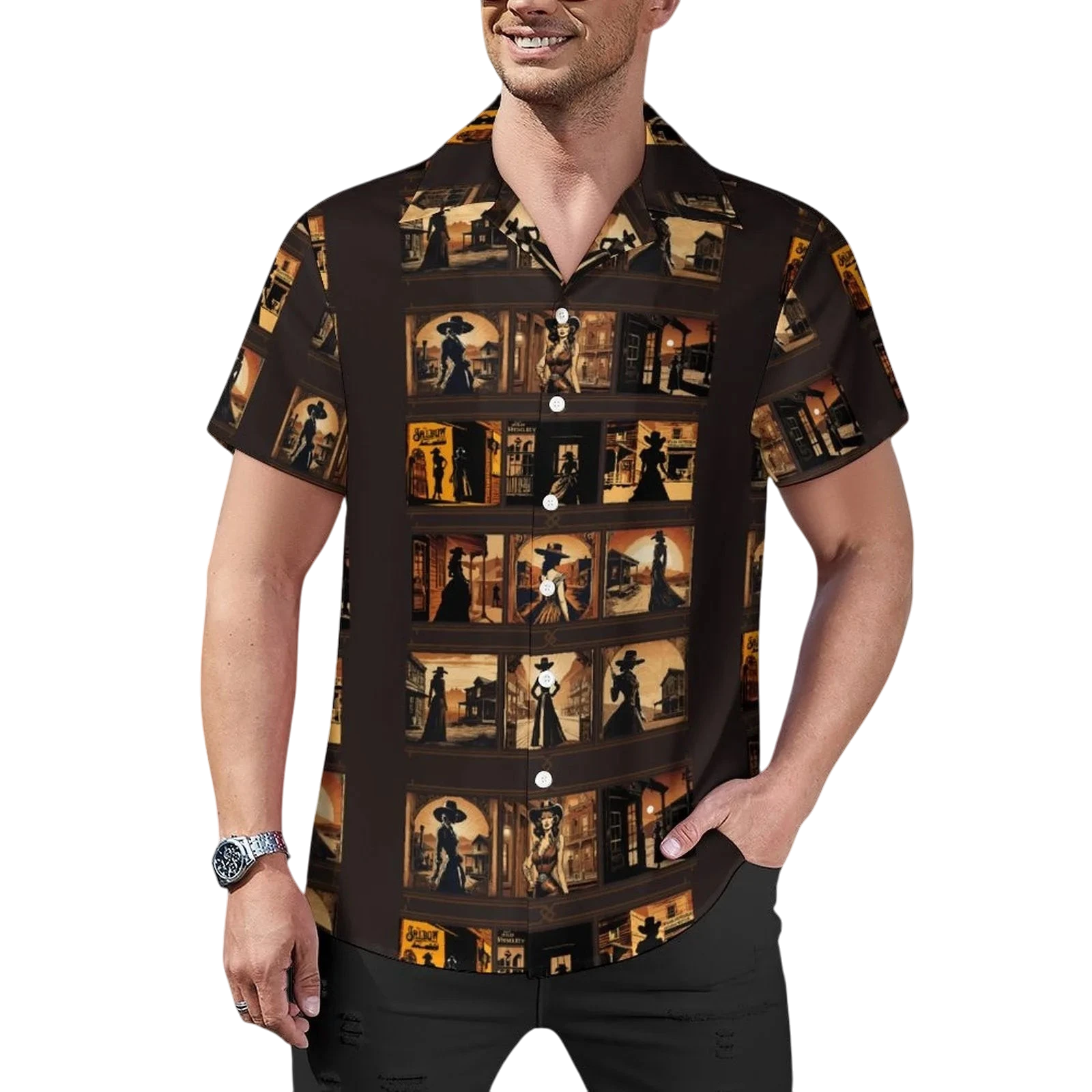 Sonoma Rebel men's short-sleeve Cuban collar shirt in dark brown with a repeating print of vintage Western saloon scenes and women in period attire.