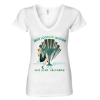 Sonoma Rebel white V-neck t-shirt with an Art Deco graphic featuring a woman and "Jack London Saloon" text.