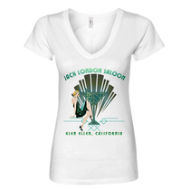 Sonoma Rebel white V-neck t-shirt with an Art Deco graphic featuring a woman and "Jack London Saloon" text.