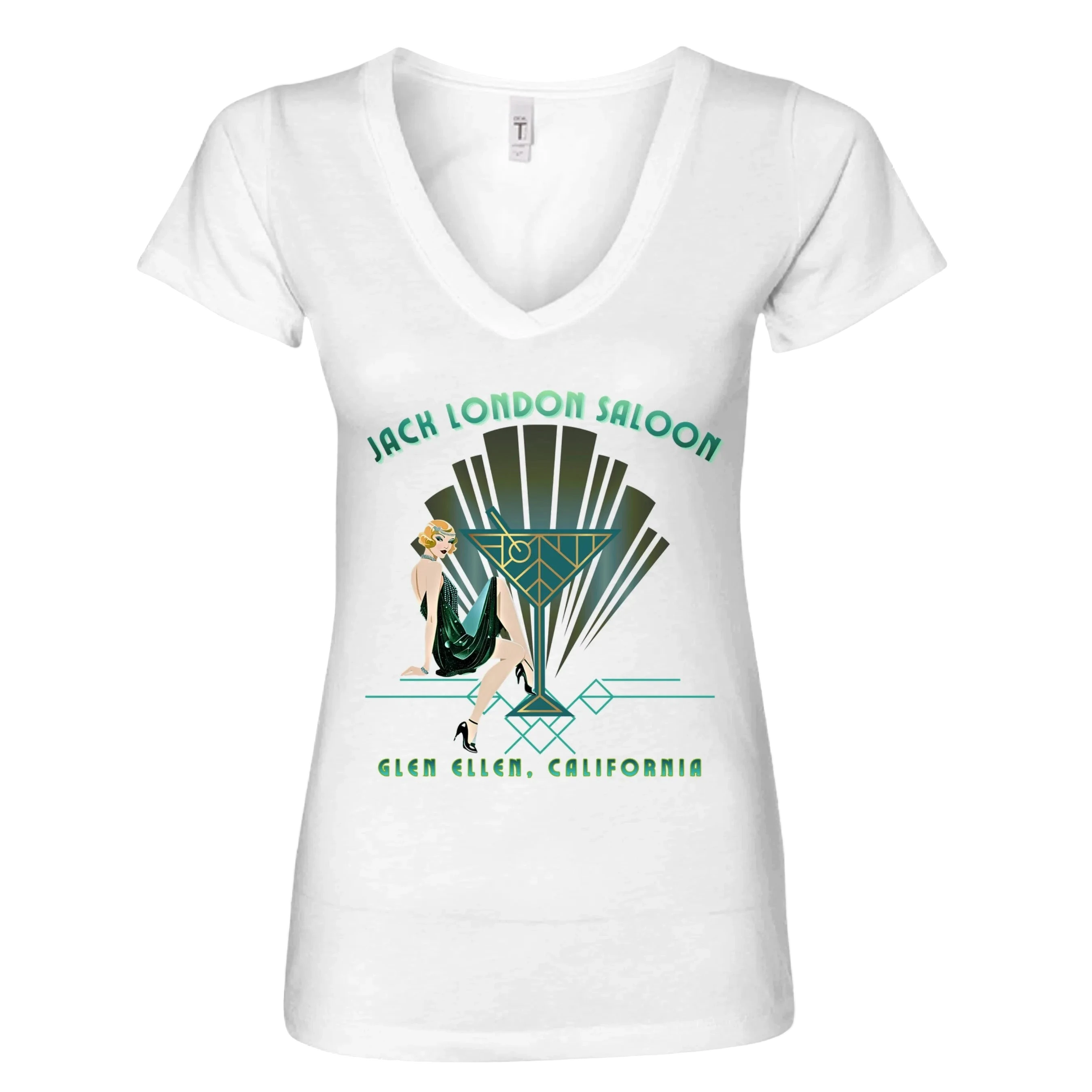 Sonoma Rebel white V-neck t-shirt with an Art Deco graphic featuring a woman and "Jack London Saloon" text. Main image