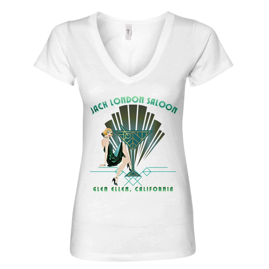 Sonoma Rebel white V-neck t-shirt with an Art Deco graphic featuring a woman and "Jack London Saloon" text.