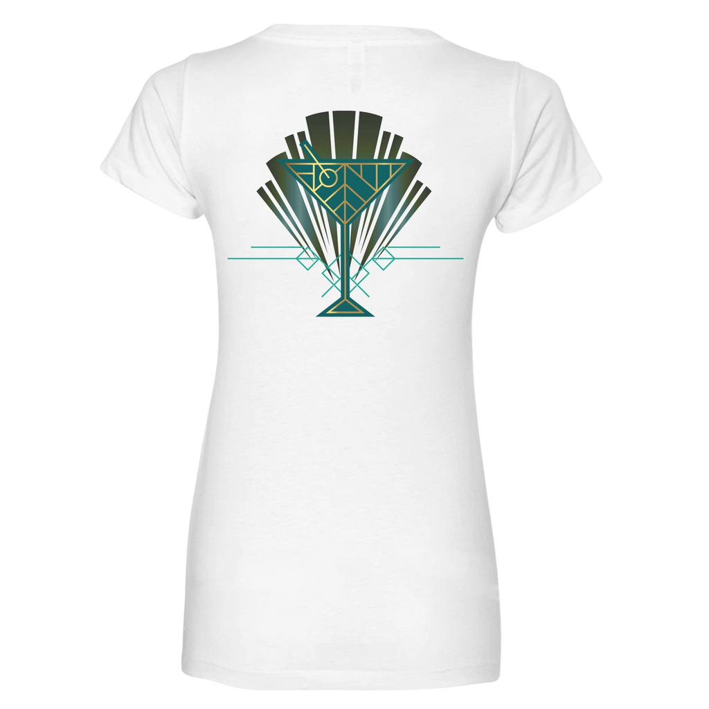 Sonoma Rebel white V-neck t-shirt with a green and gold Art Deco cocktail glass graphic on the back.
